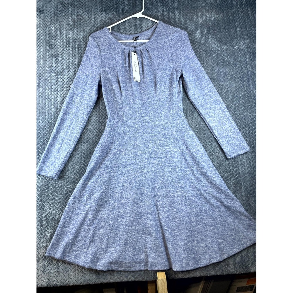 Kranda Sweater Dress Womens S Heather Blue Stretch Pleated Crew Neck Long Sleeve